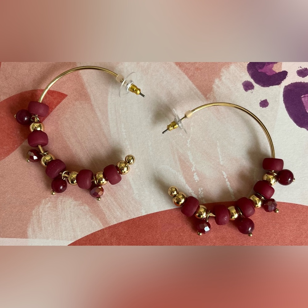 Genuine And Glass stone beaded hoop earrings